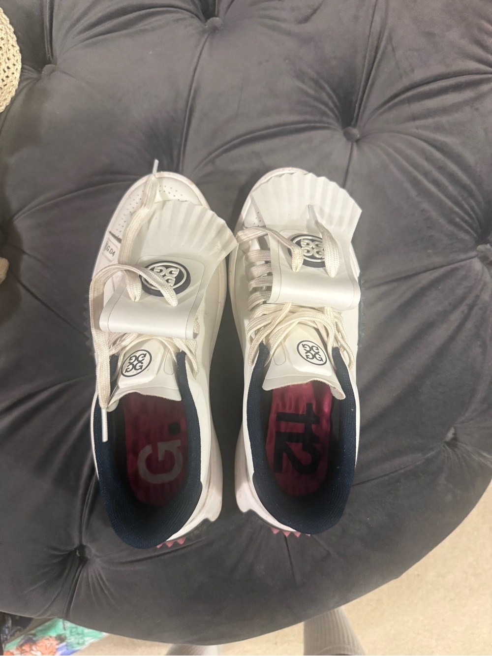 G/FORE White Sneakers with Navy Interior and Pink Insole